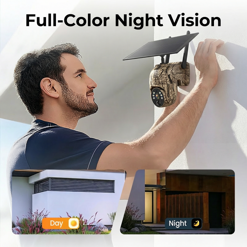 Arenzza 4MP solar PTZ security camera with 355° pan and tilt, built-in battery, two-way talk, and weatherproof design.