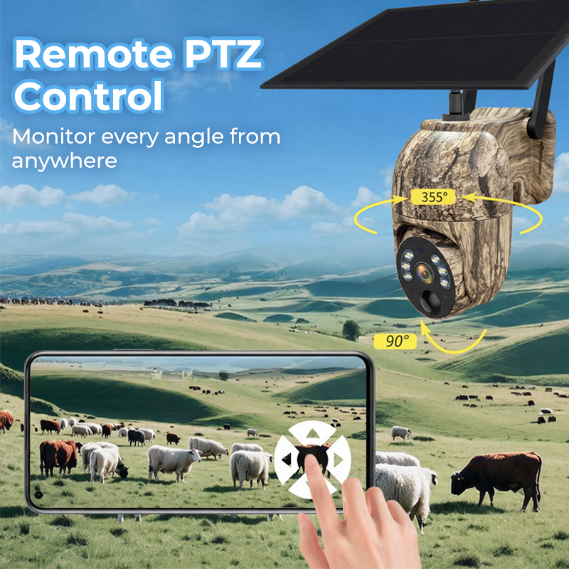 Arenzza 4MP solar PTZ security camera with 355° pan, tilt, two-way talk, and weatherproof design for outdoor surveillance.
