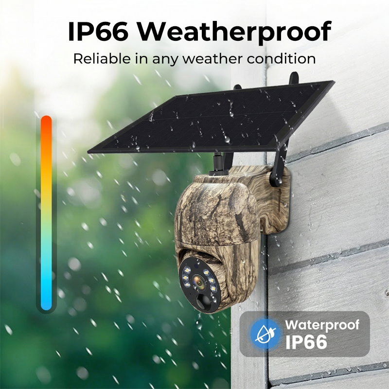 Arenzza 4MP solar PTZ security camera with 355° pan and tilt, two-way talk, built-in battery, and weatherproof design.