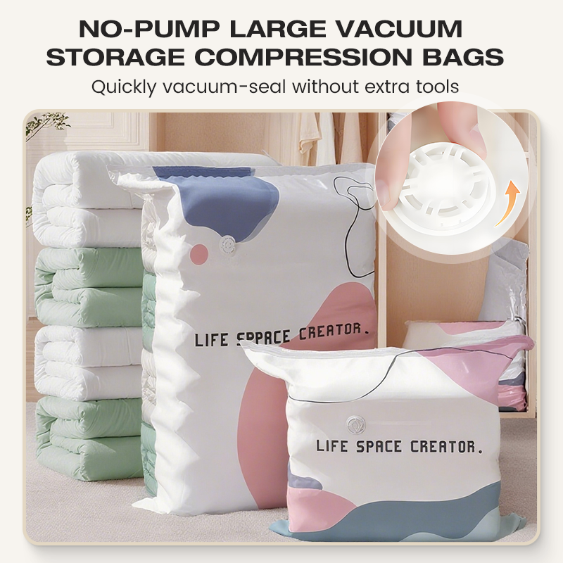 Arenzza No-Pump Vacuum Storage Bag with press and seal, showing clothes compressed inside for space-saving storage.