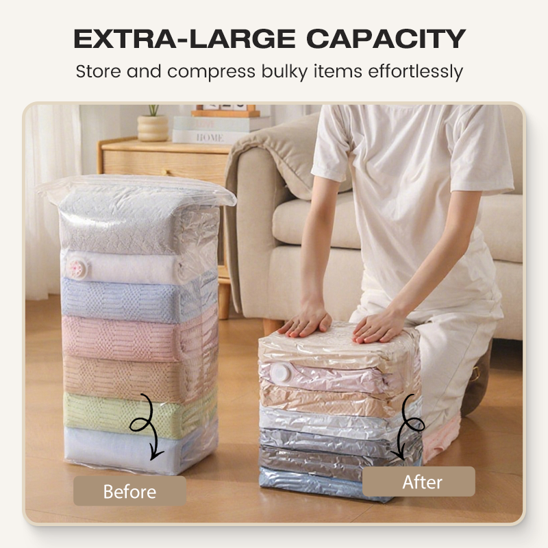 Arenzza no-pump vacuum storage bags for clothes and bedding, showing sealed bags with compressed contents in a household setting.