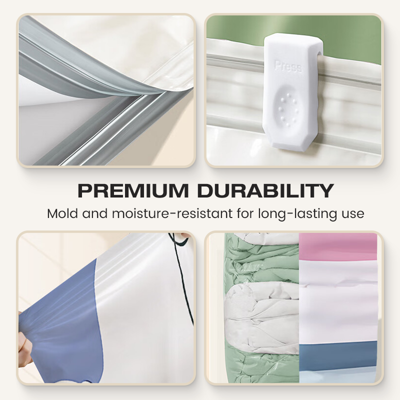 Arenzza no-pump vacuum storage bags for clothes and bedding, press and seal design, compact space-saving storage solution.