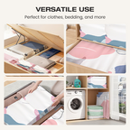 Arenzza no-pump vacuum storage bags for clothes and bedding, showing sealed bags with compressed items in a houseware and kitchen setting.