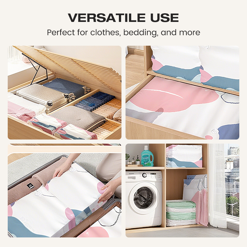 Arenzza no-pump vacuum storage bags for clothes and bedding, showing sealed bags with compressed items in a houseware and kitchen setting.