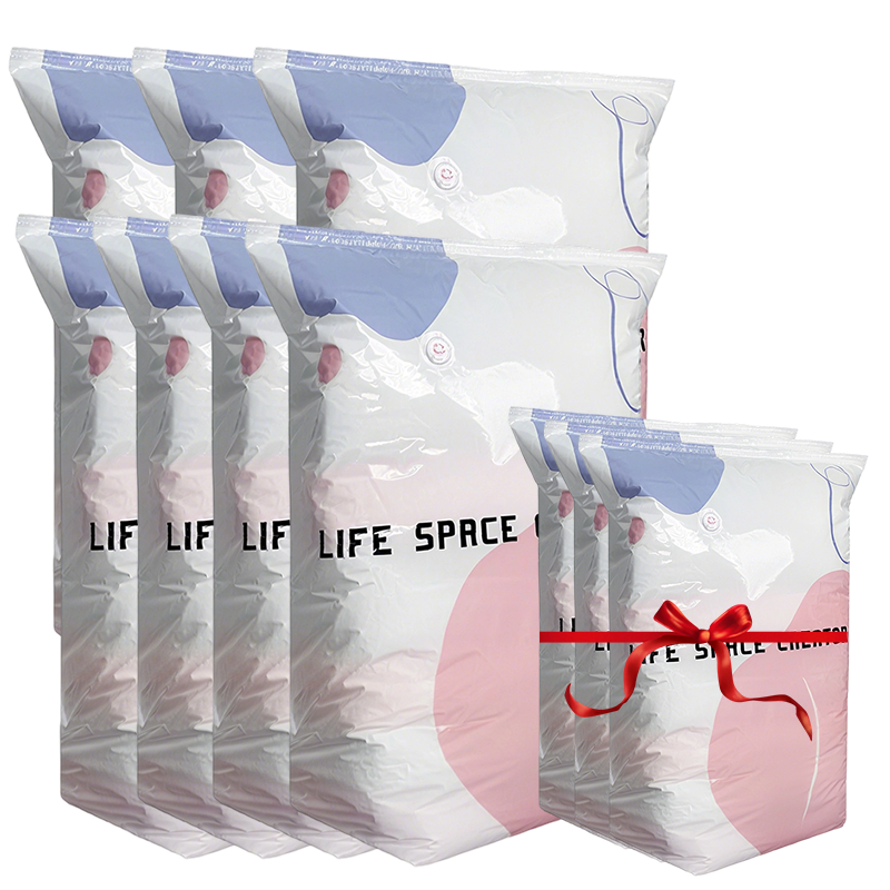 Arenzza no-pump vacuum storage bags with press and seal closure, showing clothes compressed inside for space-saving storage.