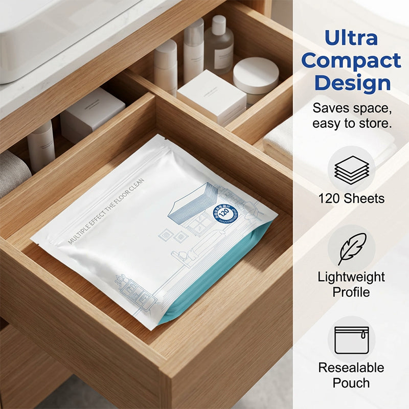 Arenzza water-soluble floor cleaning sheets in a pack of 120, showing the sheets and a clean, shiny floor surface.