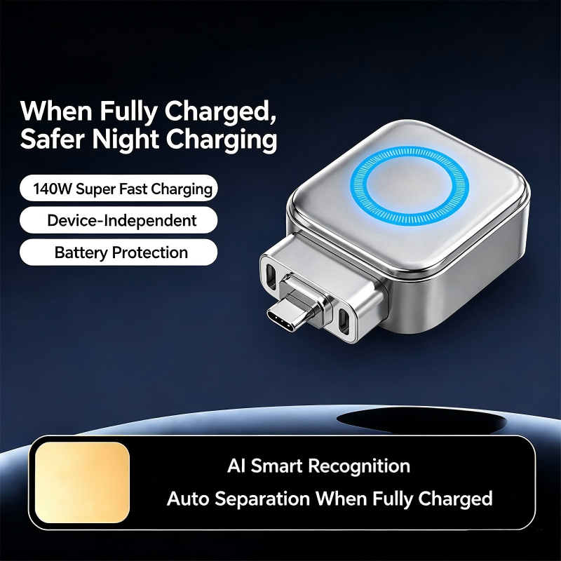 Arenzza 140W USB-C PD3.1 fast charger with AI auto shutdown and battery protection, compatible with iPhone, MacBook, and tablets.