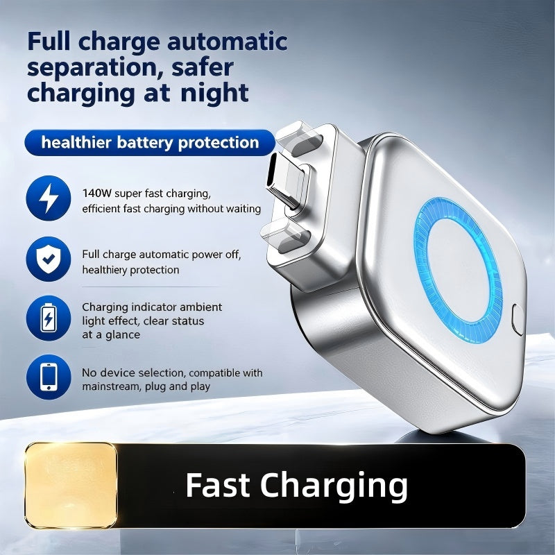 Arenzza 140W fast USB-C charger with AI auto shutdown, compatible with iPhone, MacBook, and tablets, in a sleek black design.