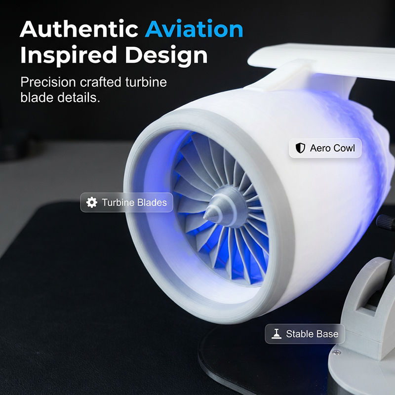 Arenzza jet engine desktop fan with cooling mist, LED neon glow, 3D printed aviation design, ideal for gaming and tech enthusiasts.