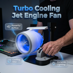 Arenzza jet engine desktop fan with cooling mist, LED neon glow, 3D aviation design, perfect for gaming and tech enthusiasts.