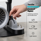 Arenzza jet engine desktop fan with cooling mist, LED neon glow, 3D aviation design, perfect for gaming and tech enthusiasts.