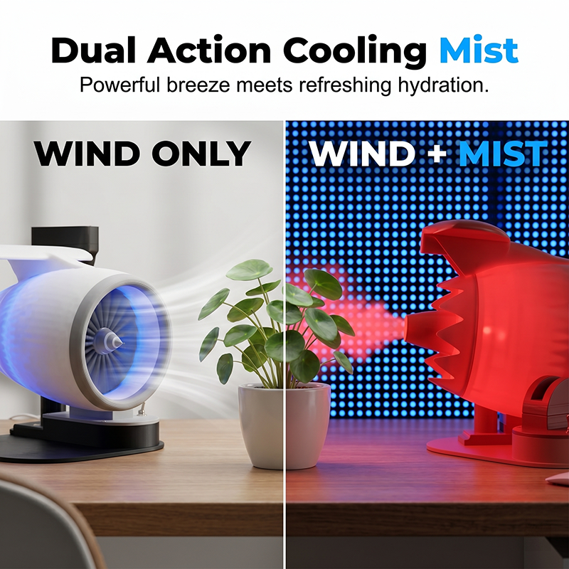 Arenzza jet engine desktop fan with cooling mist, LED neon glow, 3D aviation design, perfect for gaming, work, and tech enthusiasts.