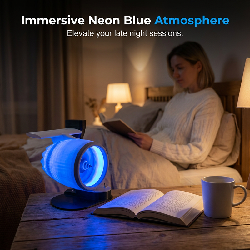 Arenzza Jet Engine Desktop Fan with LED neon glow, cooling mist, and 3D aviation design, ideal for gaming and tech enthusiasts.