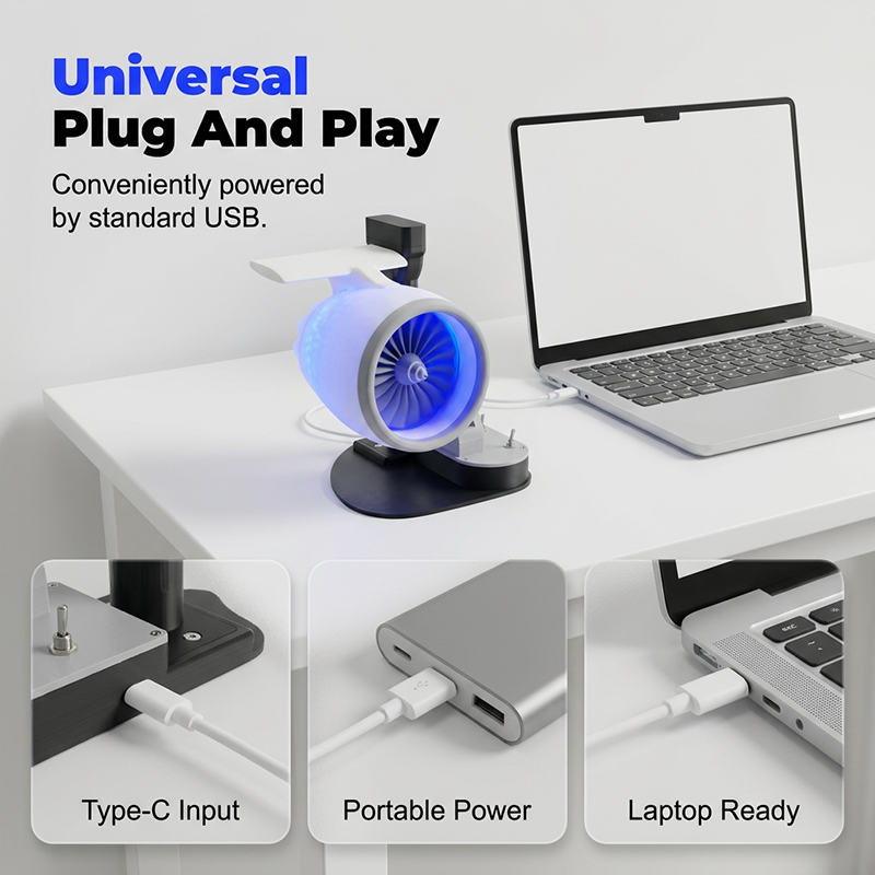 Arenzza jet engine desktop fan with cooling mist, LED neon glow, mechanical throttle, 3D aviation design, ideal for gaming and tech enthusiasts.