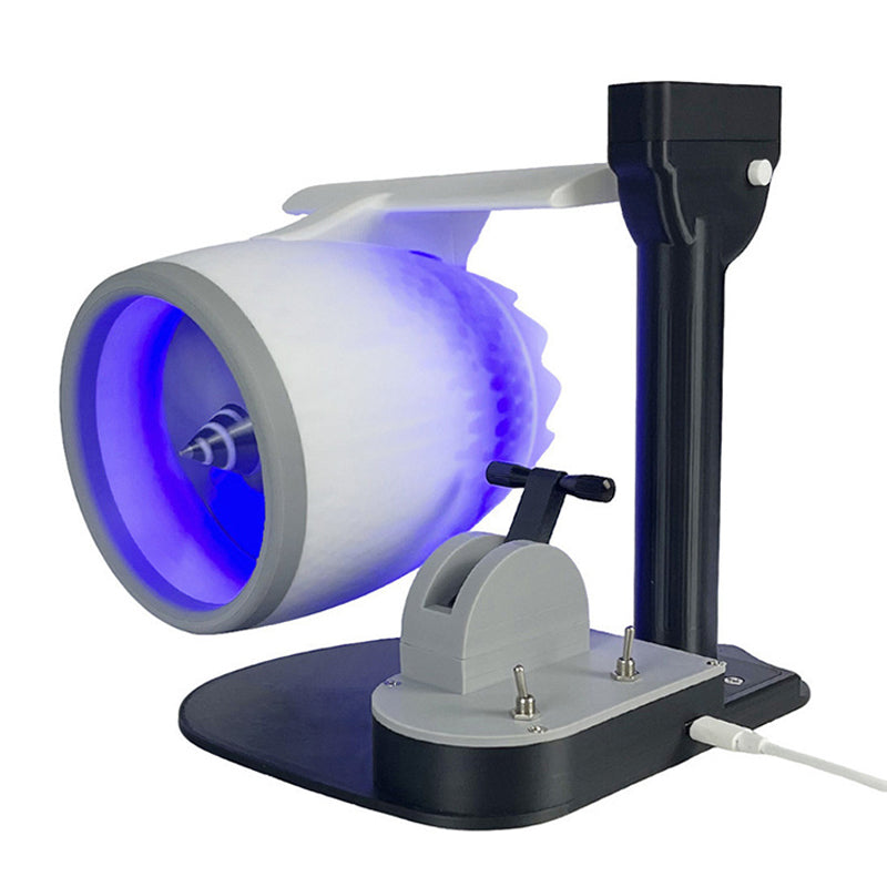 Arenzza Jet Engine Desktop Fan with cooling mist, LED neon glow, and aviation-inspired 3D printed design on a workspace.