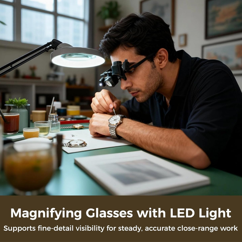 Arenzza LED magnifier with adjustable stand, 10X-20X zoom, bright light, ideal for electronics, crafts, soldering, and miniature painting.