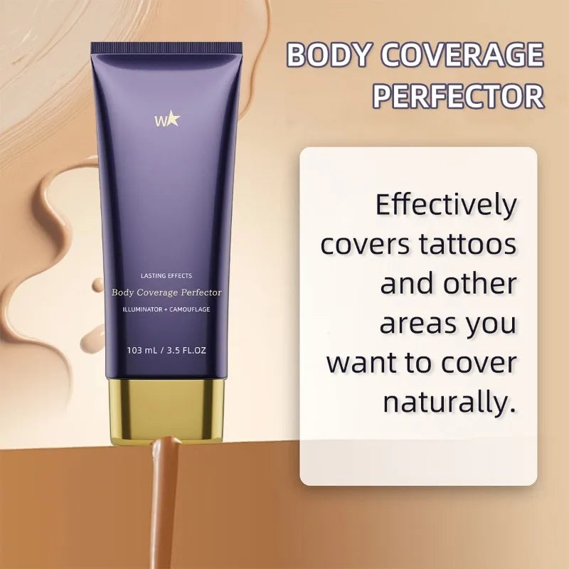 Virella Beauty Body Coverage waterproof concealer for legs and body, blending to hide scars, spots, veins, and tattoos.