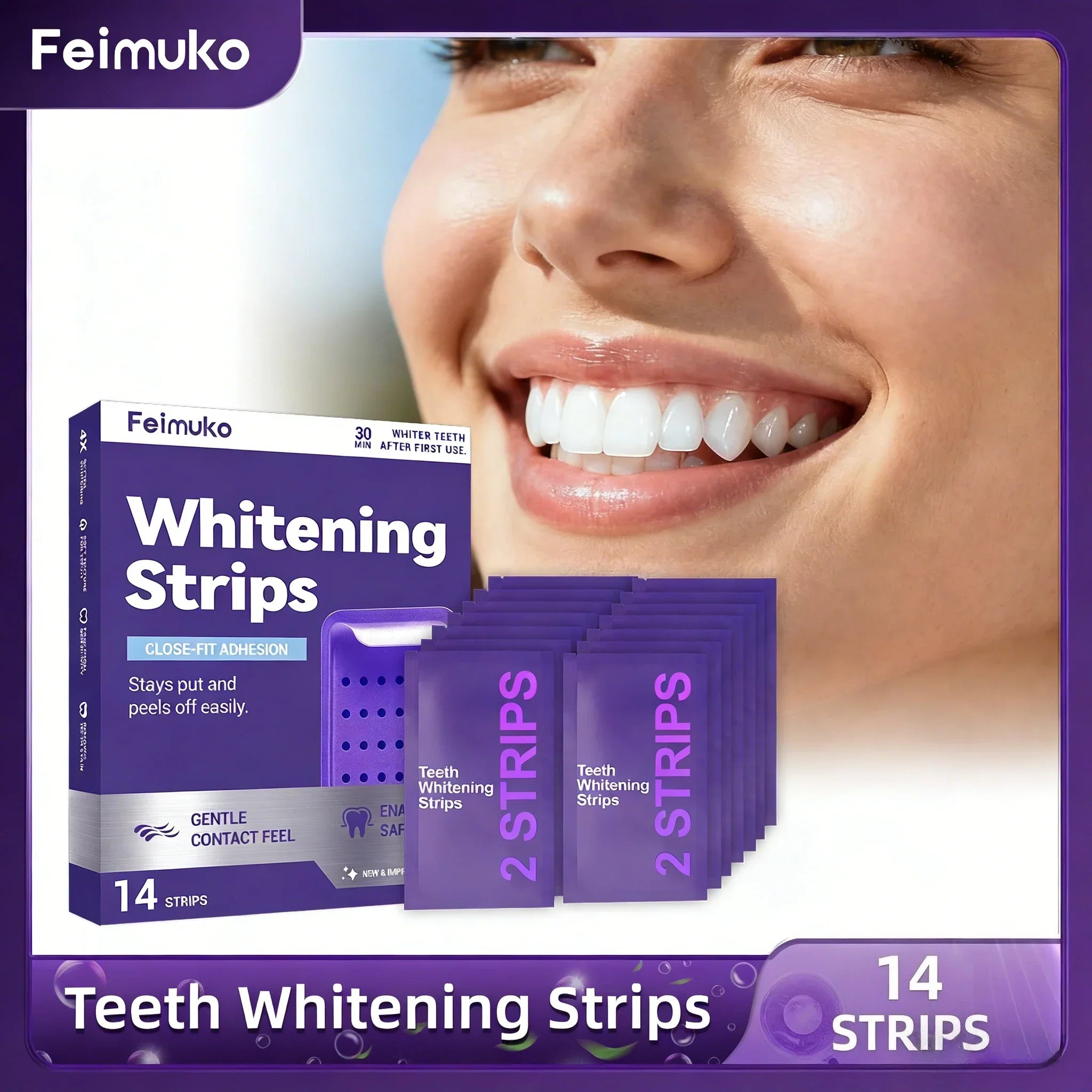 Virella purple teeth whitening strips and removal gel for oral cleaning and brightening yellowed teeth, enhancing dental oral care.