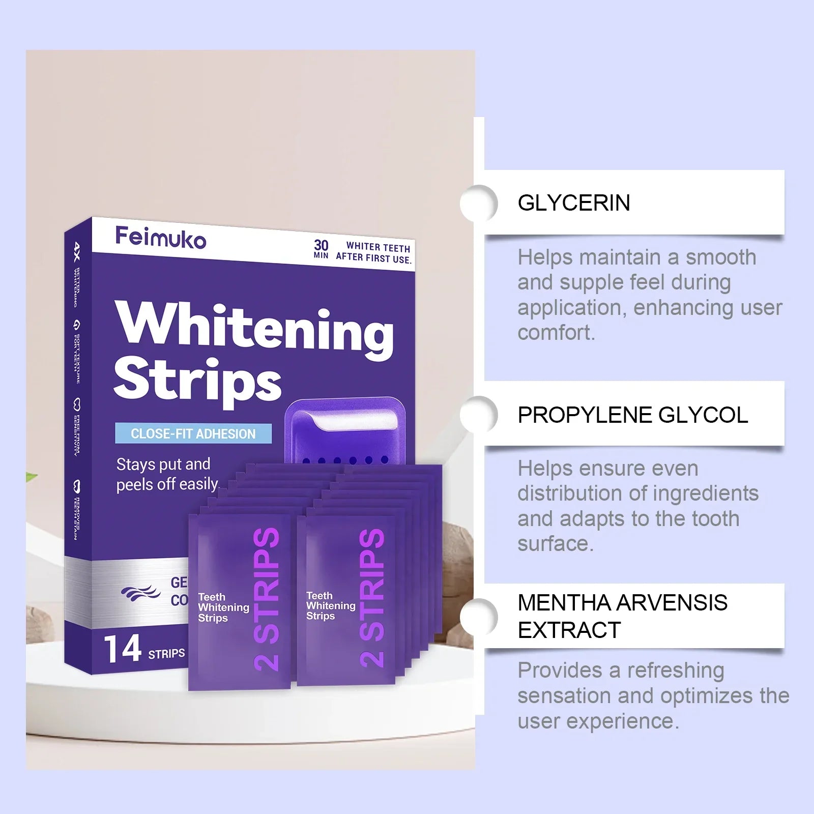 Virella purple teeth whitening strips and gel for oral cleaning and removing yellow stains, promoting a brighter, healthier smile.