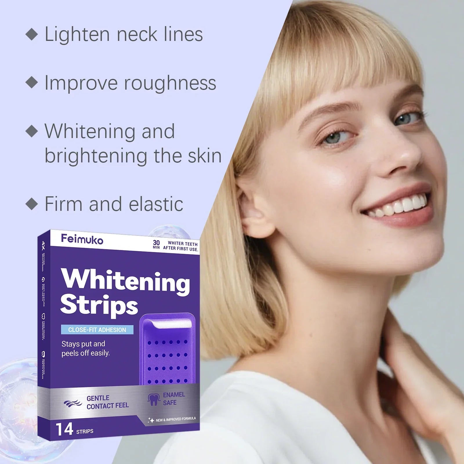 Virella purple teeth whitening strips and gel for removing yellowing and improving dental brightness in oral care.