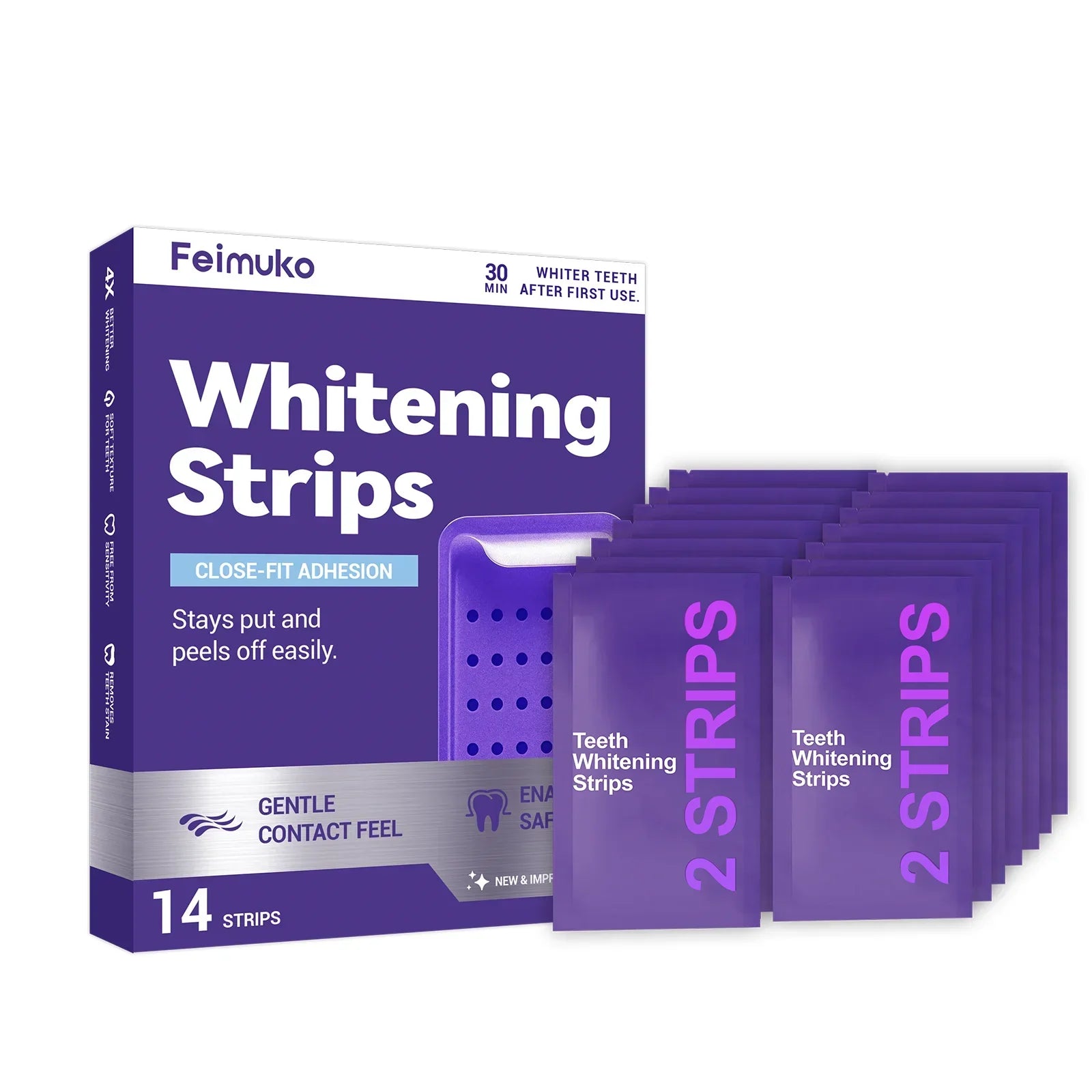 Virella purple teeth whitening strips and removal gel for oral cleaning and brightening yellowed teeth, promoting lasting oral care.