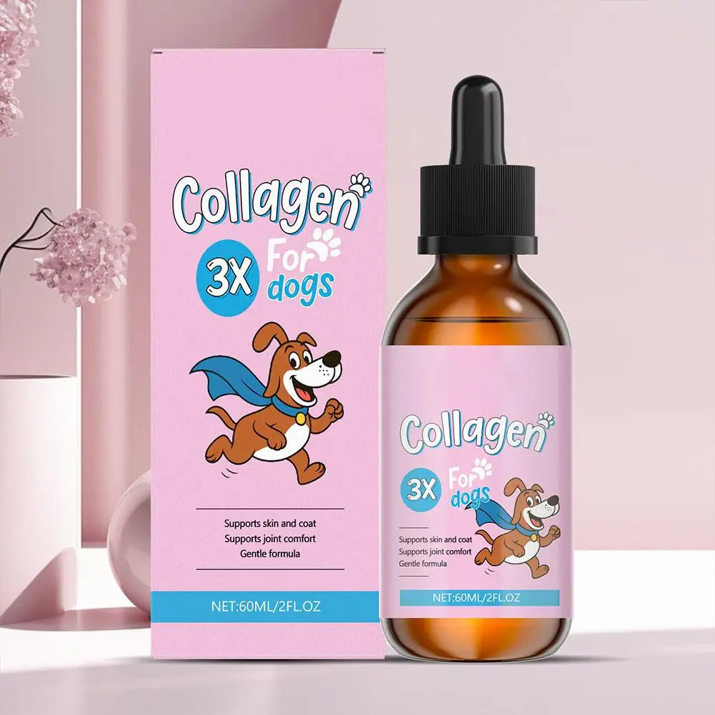Virella 1/3/5-piece dog collagen drops for coat and skin care, shown in a clear container with a dog grooming setting.