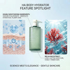 Virella HA Body Hydrator Hyaluronic Acid Body Serum in 386ml bottle, featuring clear liquid with a pump dispenser for hydration.