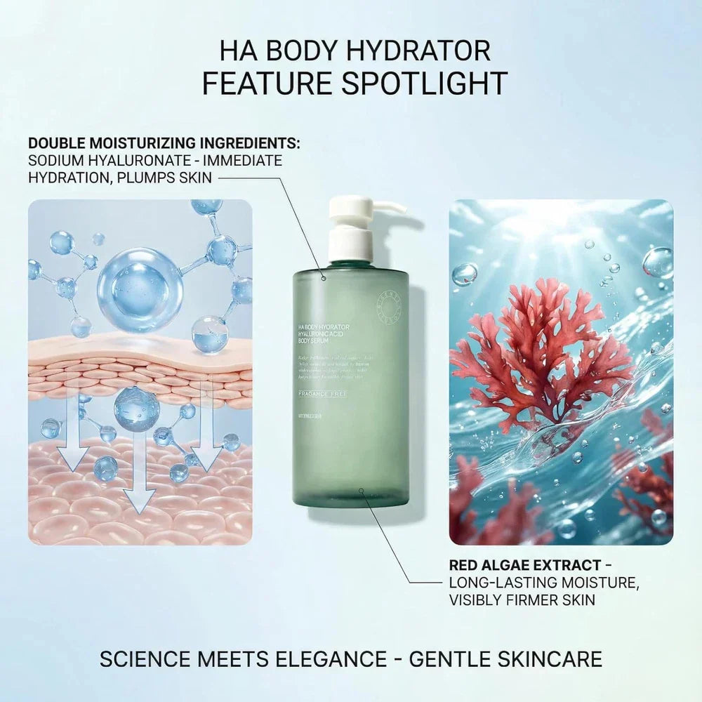 Virella HA Body Hydrator Hyaluronic Acid Body Serum in 386ml bottle, featuring clear liquid with a pump dispenser for hydration.
