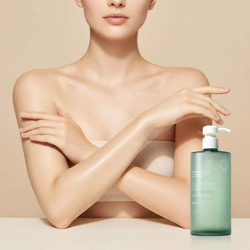 Virella HA Body Hydrator Hyaluronic Acid Serum bottle with pump dispenser, 386ml, featuring clear labeling and sleek design.