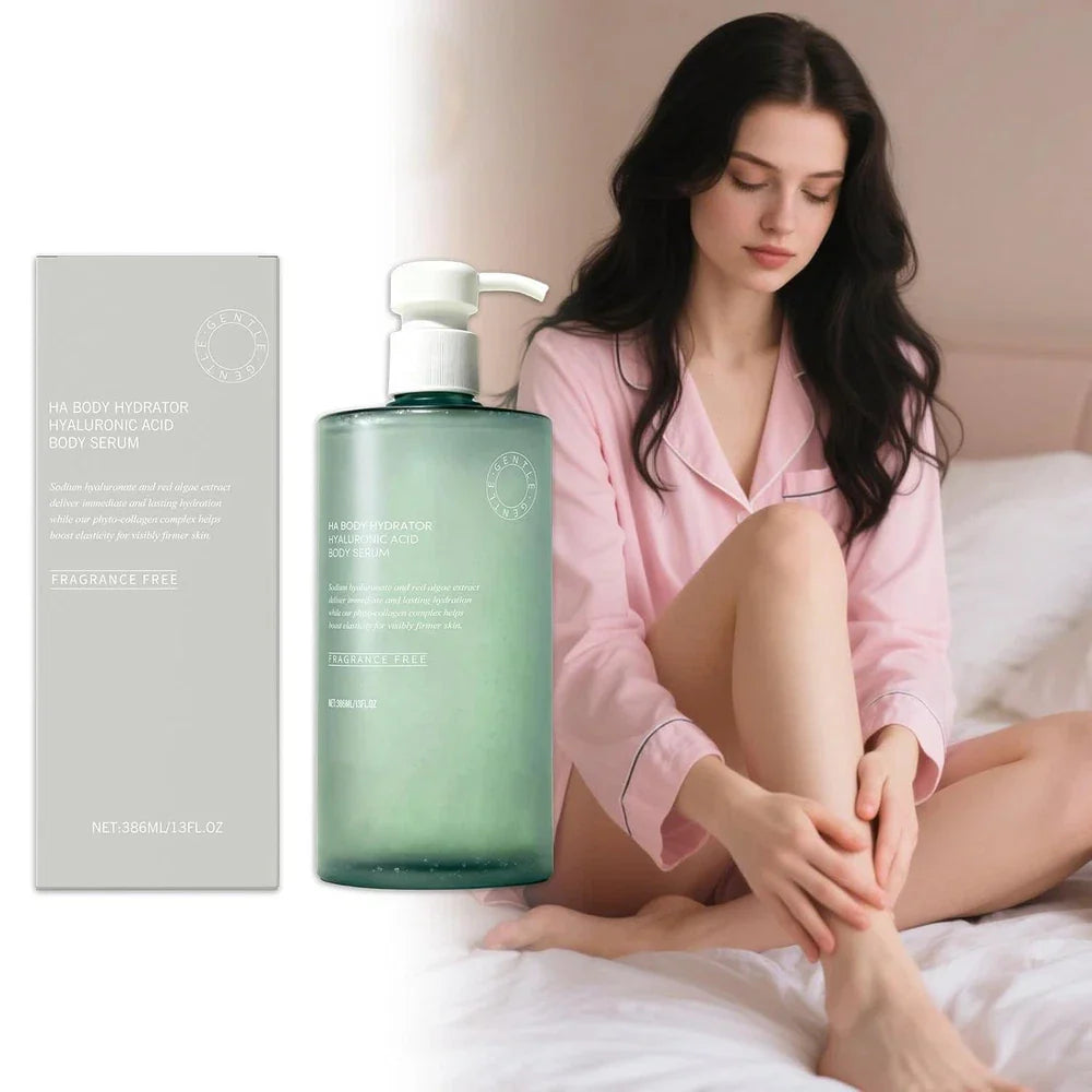 Virella HA Body Hydrator hyaluronic acid serum bottle, 386ml, with a sleek label and clear pump dispenser for moisturizing skin