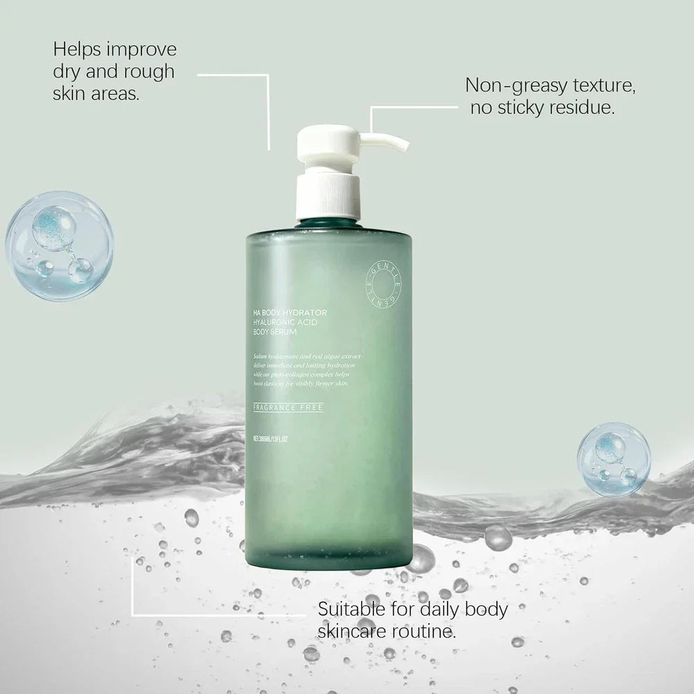 Virella Ha Body Hydrator hyaluronic acid body serum bottle, 386ml, with clear label and pump dispenser on a neutral background.