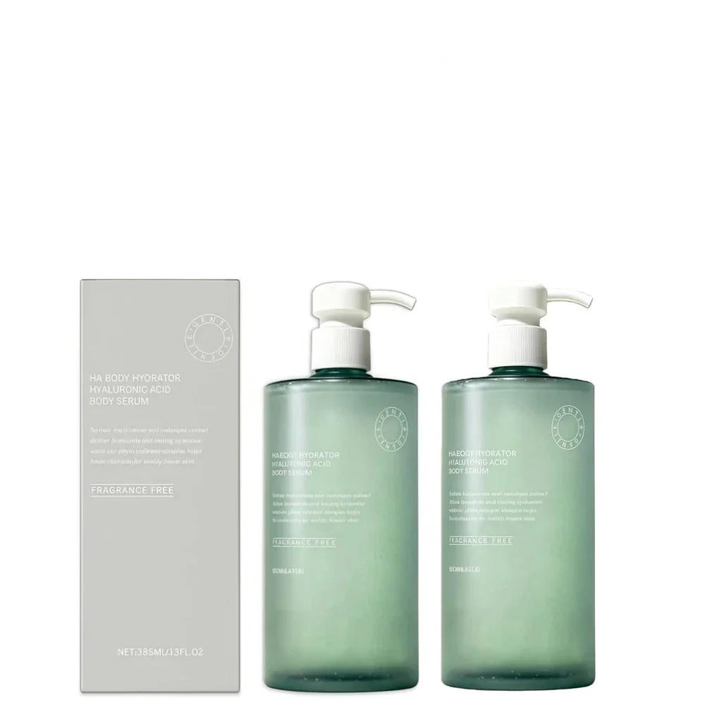 Virella Ha Body Hydrator Hyaluronic Acid Body Serum in a 386ml bottle, featuring clear liquid and pump dispenser for nourishing skin.