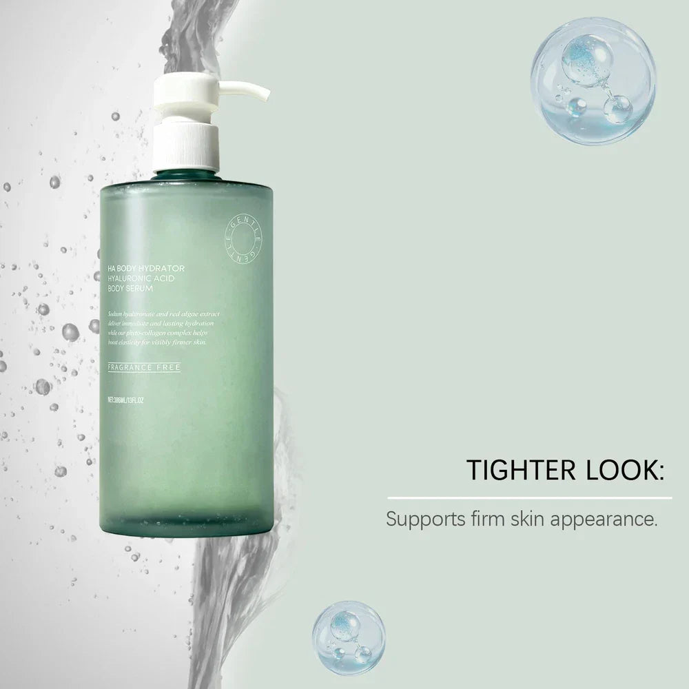 Virella HA Body Hydrator hyaluronic acid body serum in a 386ml bottle, featuring a clear pump dispenser and label.