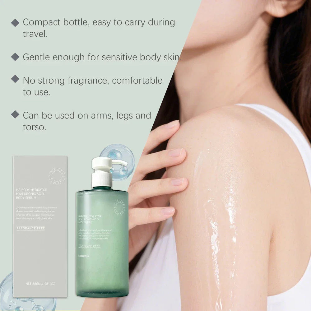Virella HA Body Hydrator hyaluronic acid serum in a 386ml bottle, shown with a pump dispenser and a sleek, transparent container.