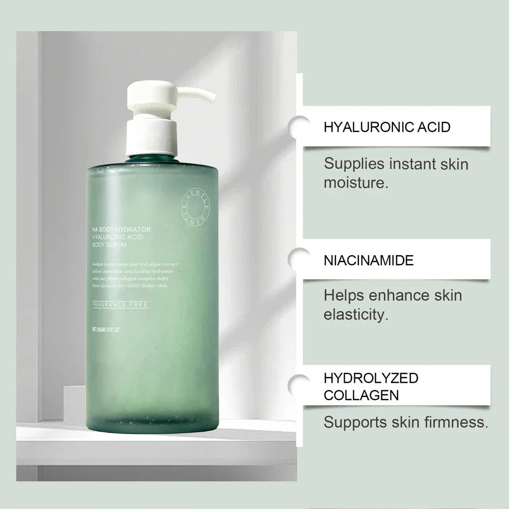 Virella Ha Body Hydrator hyaluronic acid body serum in a 386ml bottle, showcasing the clear serum inside a sleek container.