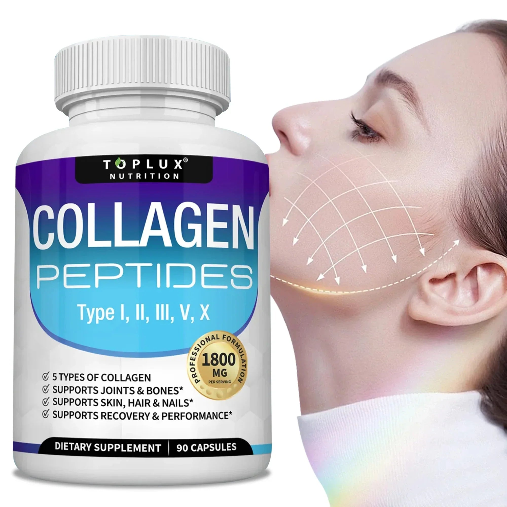 Virella Collagen Peptides 1800mg supplement for hair, skin, anti-aging, joints, and bone health, in a clear container.