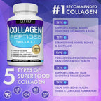 Virella Collagen Peptides 1800mg supplement bottle with capsules, promoting hair, skin, joint, and bone health.