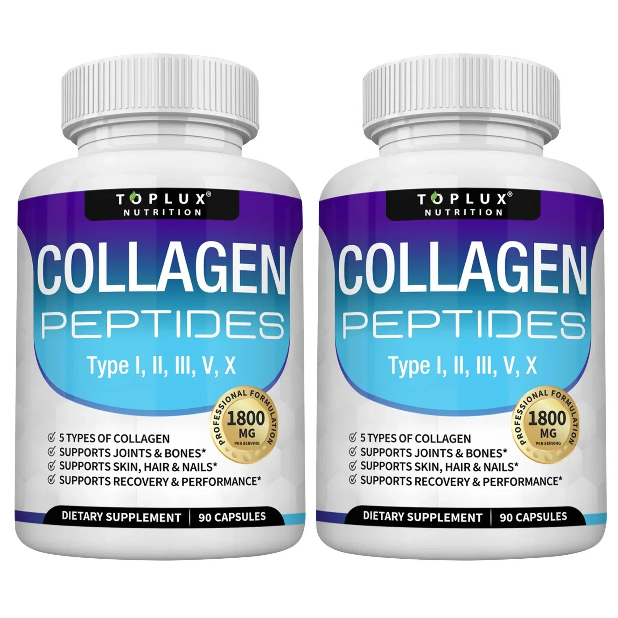 Virella Collagen Peptides 1800mg supplement for hair, skin, anti-aging, joint, and bone health, featuring Types I, II, III, V, X.