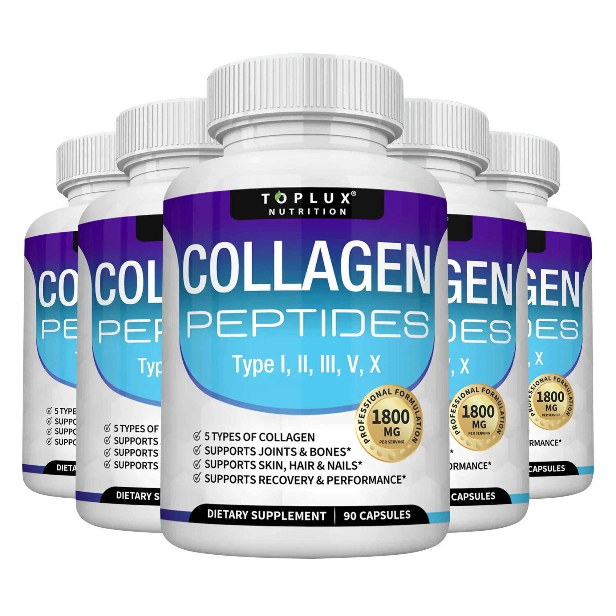 Virella Collagen Peptides 1800mg powder for hair, skin, anti-aging, joint and bone health, with types I, II, III, V, X visible in the image.
