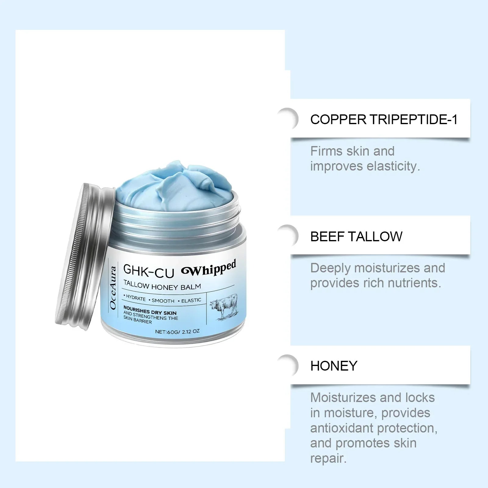 Blue Manuka honey and copper peptide Virella balm for mature, dry, and sensitive skin, suitable for facial and body hydration.