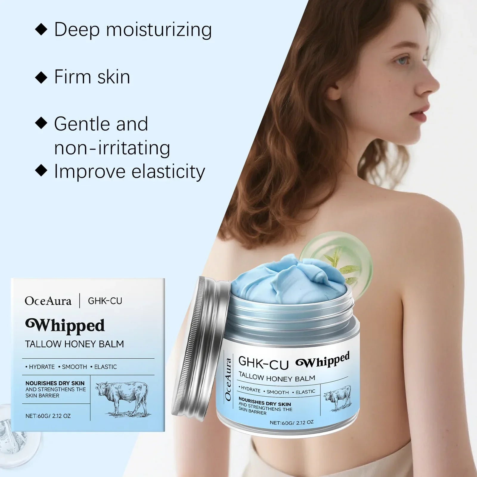 Virella Peptídeos de Cobre GHK-Cu Tallow de Carne hidratante facial e corporal para pele madura, seca e sensível, com bálsamo azul Manuka Mel