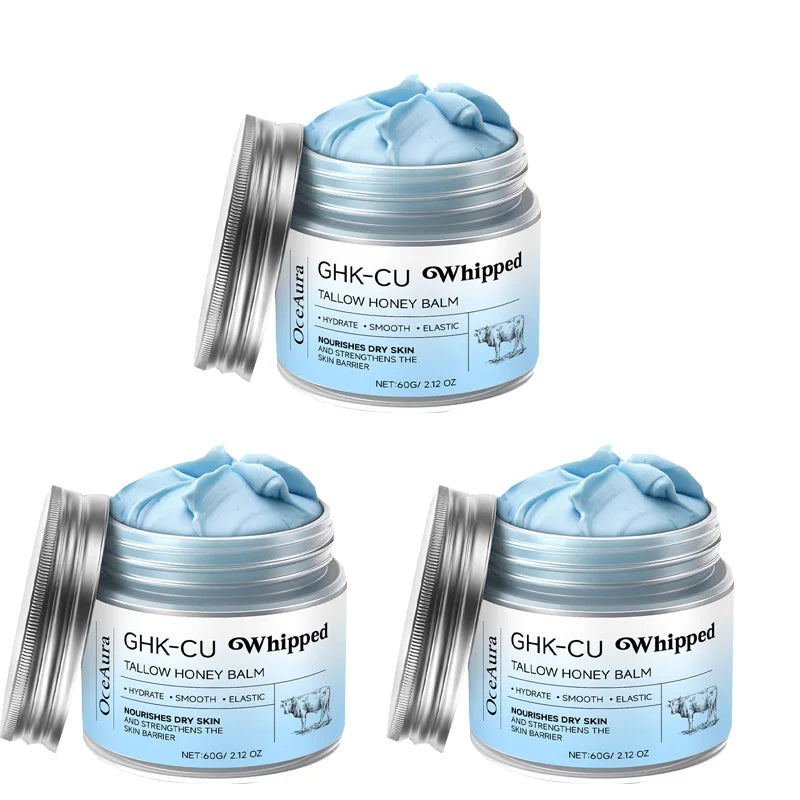 Blue Manuka honey Virella copper peptide GHK-Cu Tallow balm for mature, dry, sensitive skin, facial and body moisturizer, in a black container.