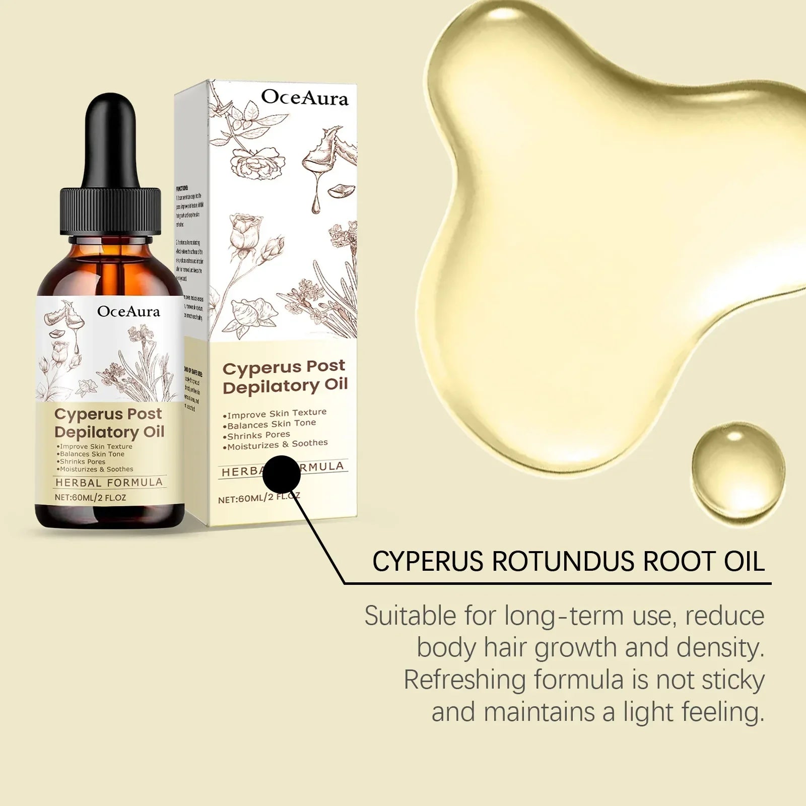 Virella Cyperus Rotundus Hair Removal Care Oil with natural ingredients, smooths, moisturizes, and reduces redness on legs and arms.