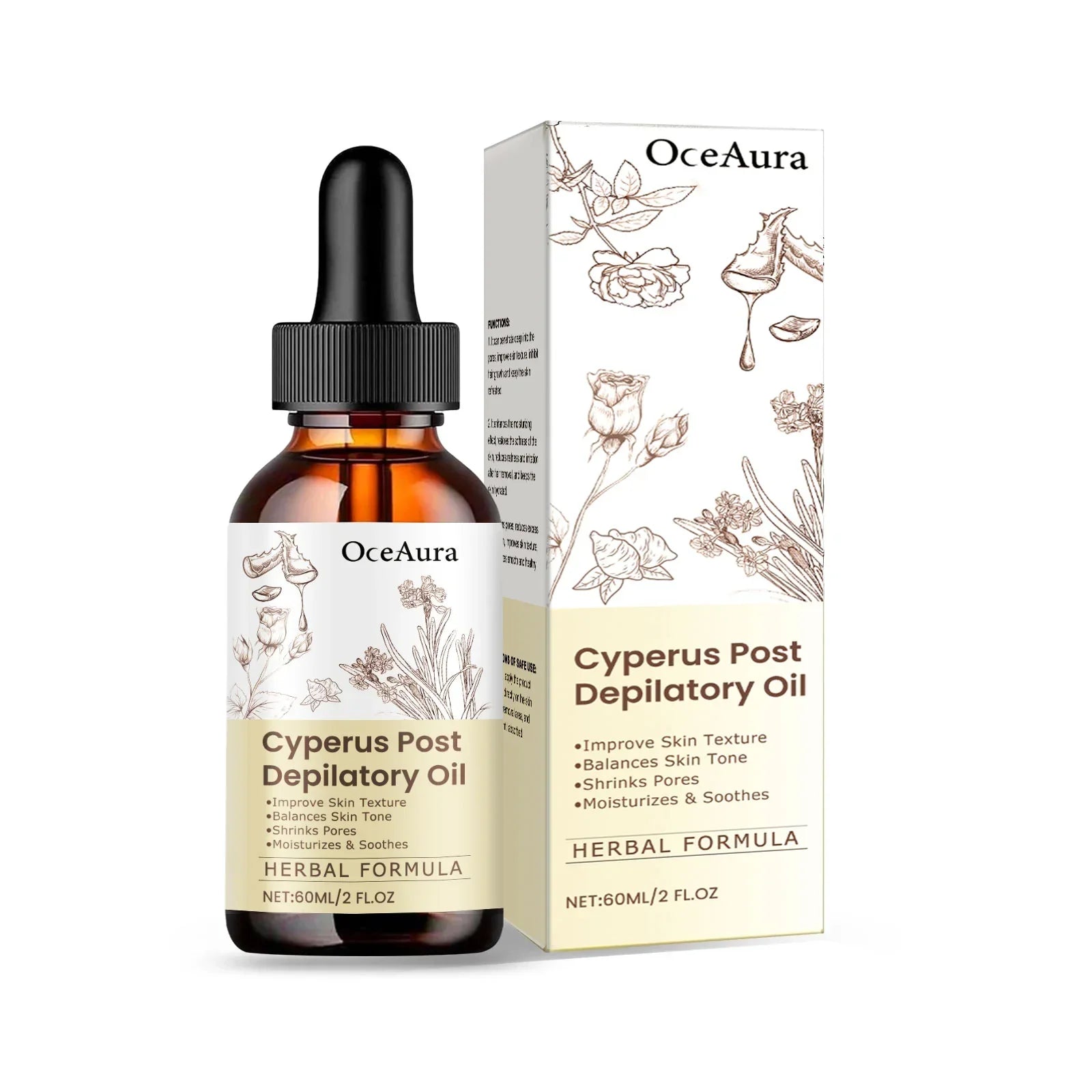 Virella Cyperus Rotundus hair removal care oil with natural ingredients, reducing redness, moisturizing, and smoothing legs and arms.