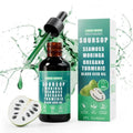 Virella 10-in-1 Soursop Bitters liquid drops with sea moss, moringa, turmeric, and black seed, shown in a clear glass bottle with dropper