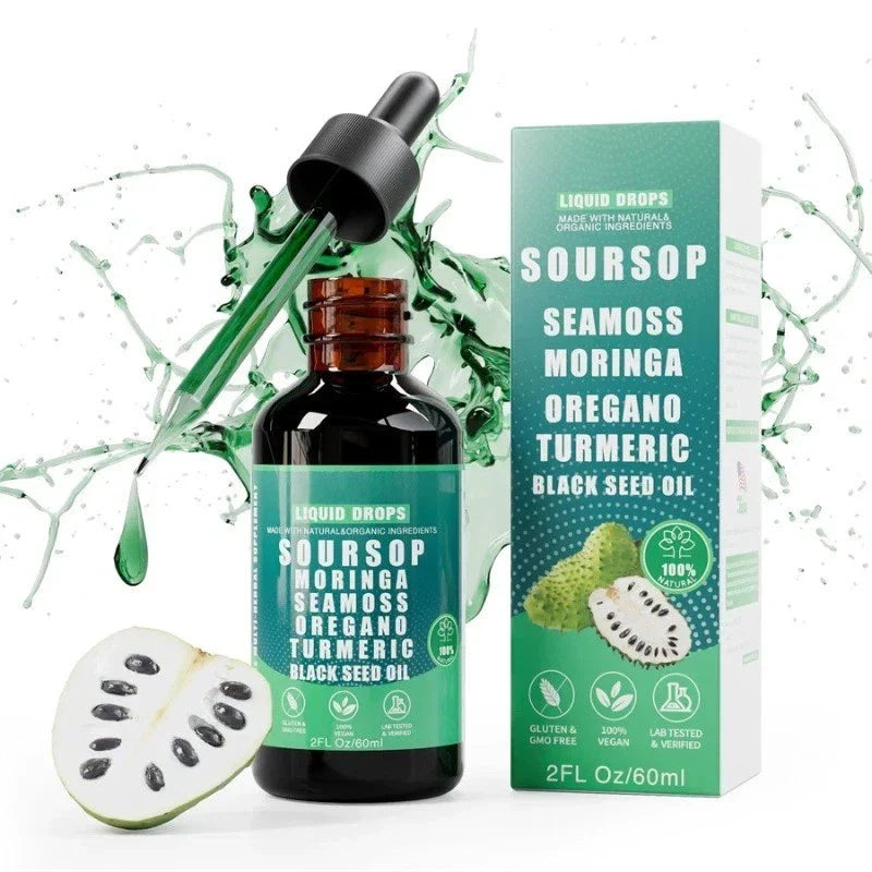 Virella 10-in-1 Soursop Bitters liquid drops with sea moss, moringa, turmeric, and black seed, shown in a clear glass bottle with dropper