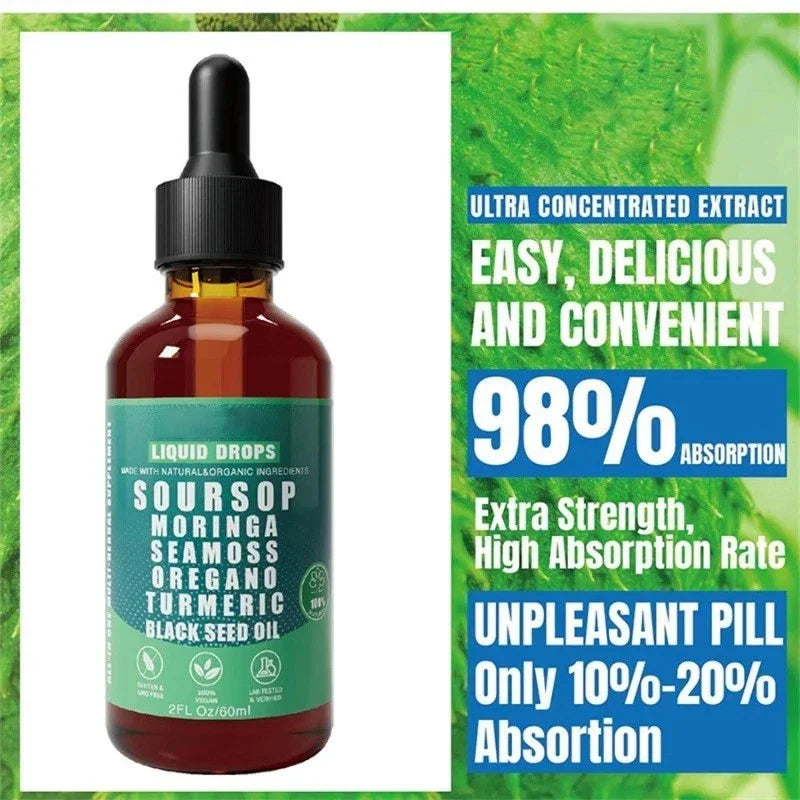 Virella 10-in-1 Soursop Bitters liquid drops with sea moss, moringa, turmeric, and black seed in a clear glass dropper bottle.
