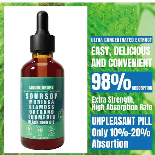 Virella 10-in-1 Soursop Bitters liquid drops with sea moss, moringa, turmeric, and black seed in a clear glass dropper bottle.