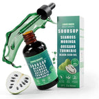 Virella 10 in 1 Soursop Bitters liquid drops with sea moss, moringa, turmeric, and black seed, showcasing the bottle and natural ingredients.