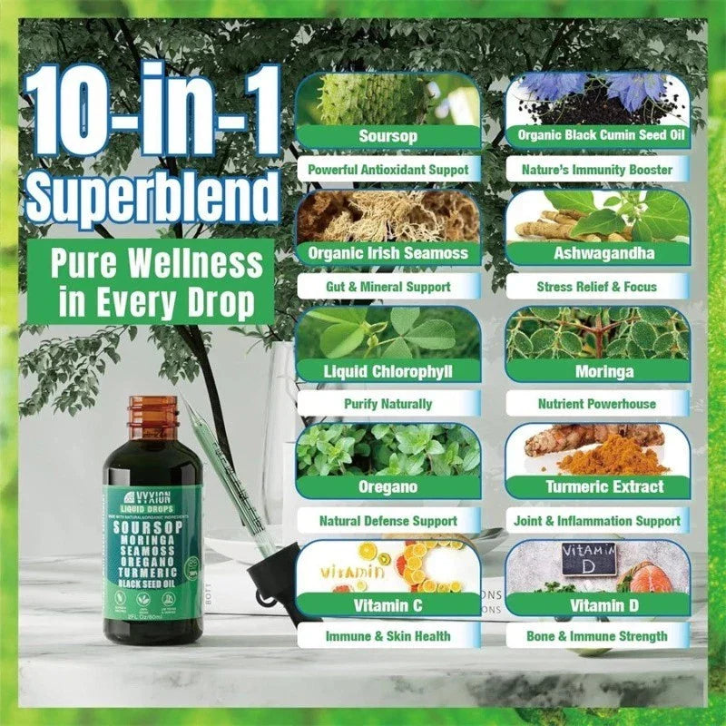 Virella 10 in 1 Soursop Bitters Liquid Drops with Sea Moss, Moringa, Turmeric, and Black Seed in a dark glass bottle.